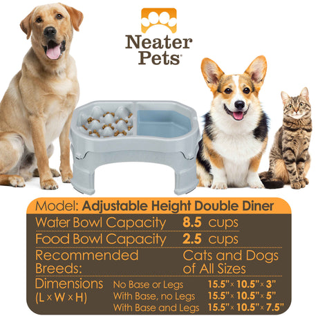 Chart displaying the water and food capacity and the dimensions with a large dog, a medium-sized dog, and a cat next to it.