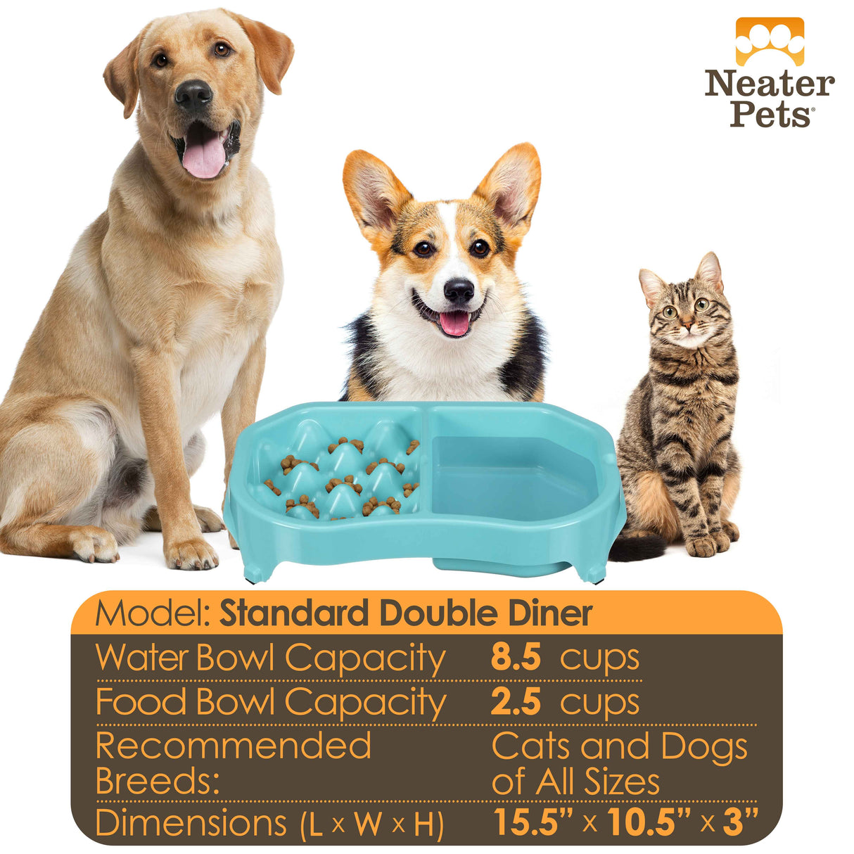 Chart displaying the water and food capacity and the dimensions with a large dog, a medium-sized dog, and a cat next to it.