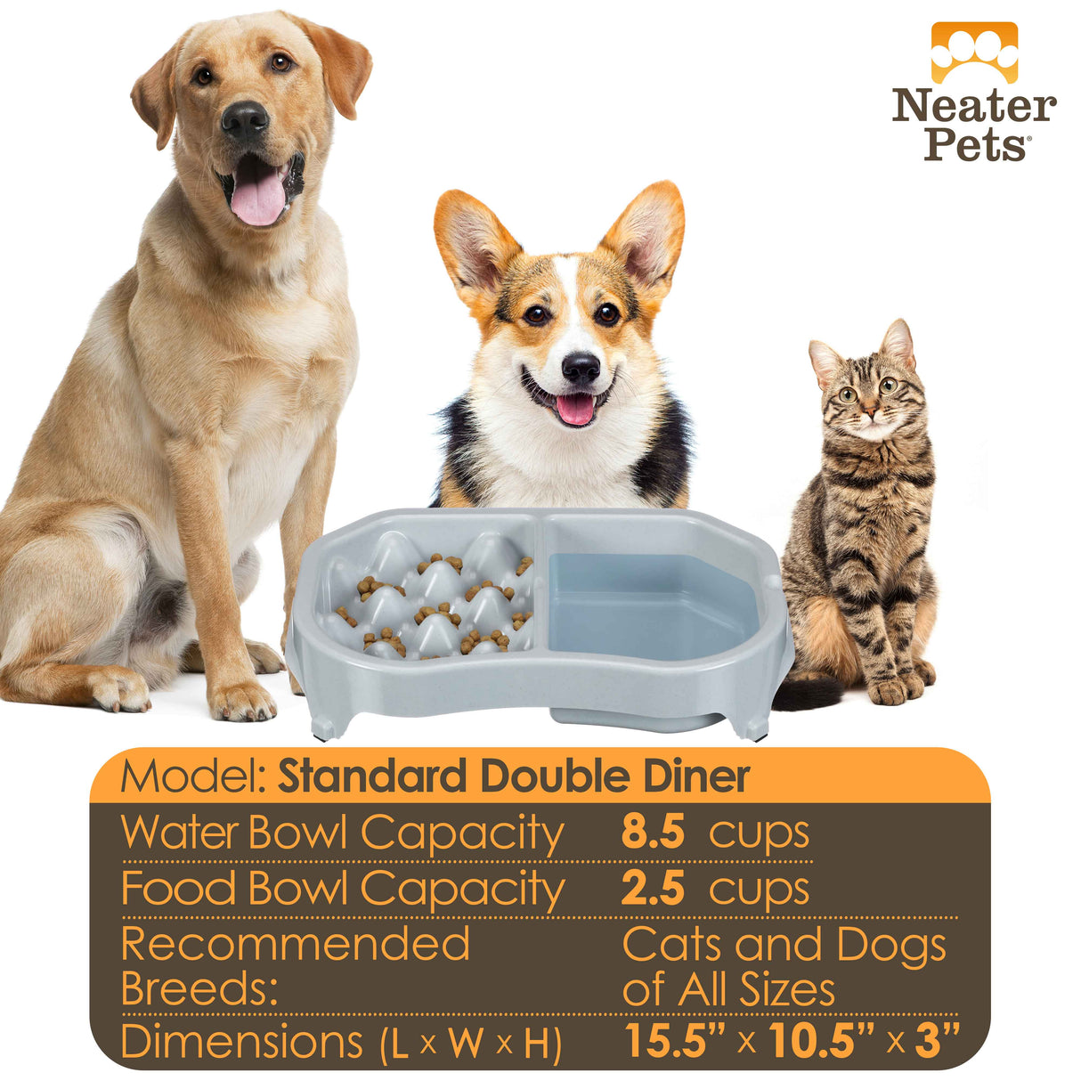 Chart displaying the water and food capacity and the dimensions with a large dog, a medium-sized dog, and a cat next to it.