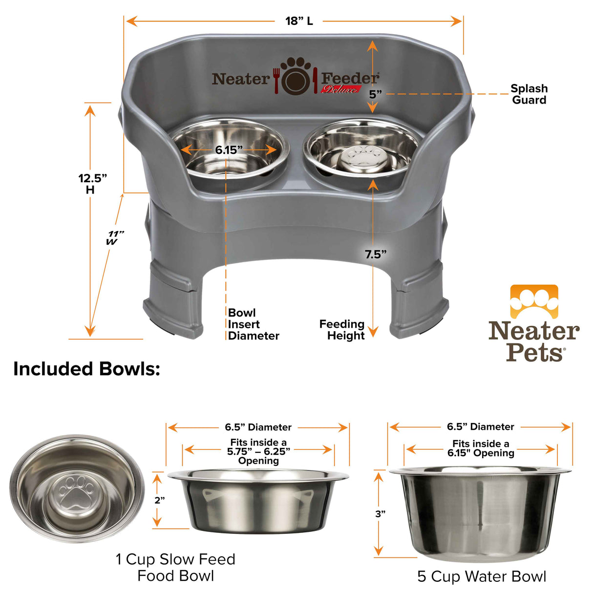 Dimensions of gunmetal gray medium DELUXE Neater Feeder with Stainless Steel Slow Feed Bowl with leg extensions