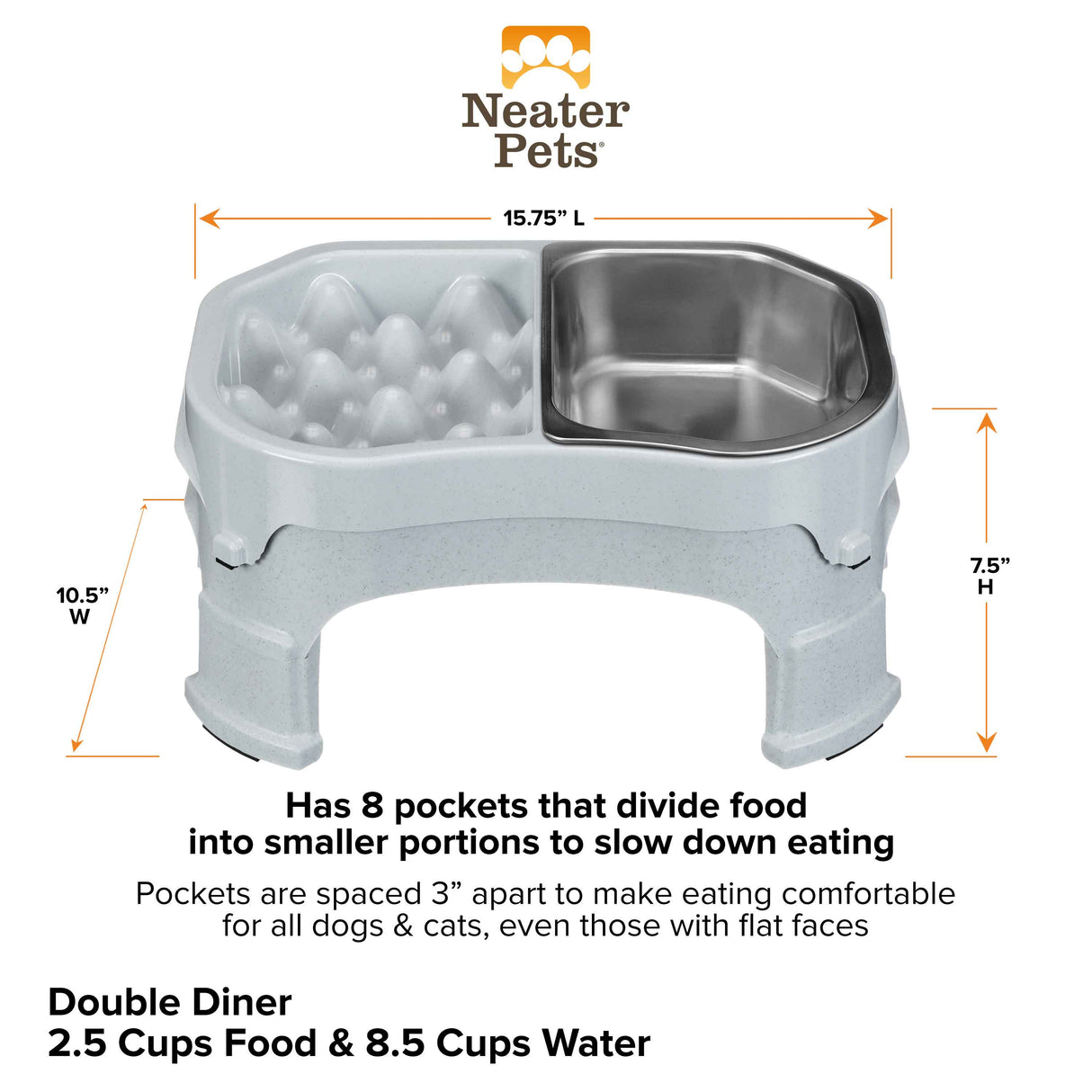 Raised Neater Slow Feeder Double Diner dimensions against a white background.