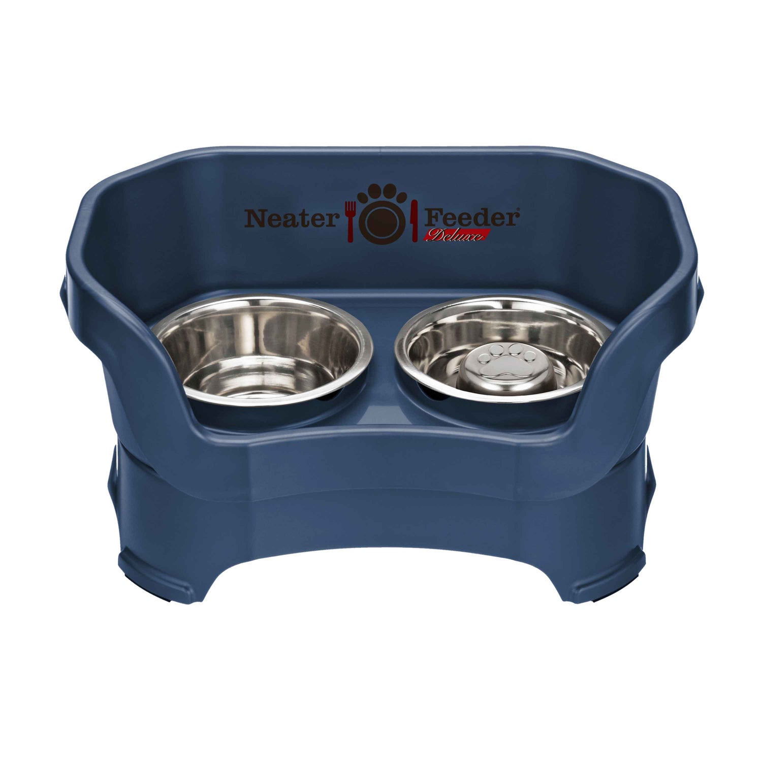 Dark Blue medium DELUXE Neater Feeder with Stainless Steel Slow Feed Bowl and stainless steel water bowl against a white background.