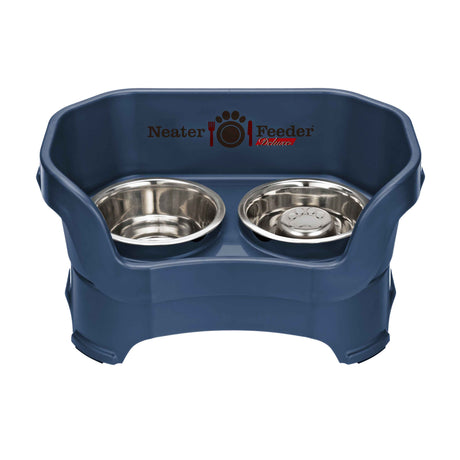 Dark Blue medium DELUXE Neater Feeder with Stainless Steel Slow Feed Bowl and stainless steel water bowl against a white background.