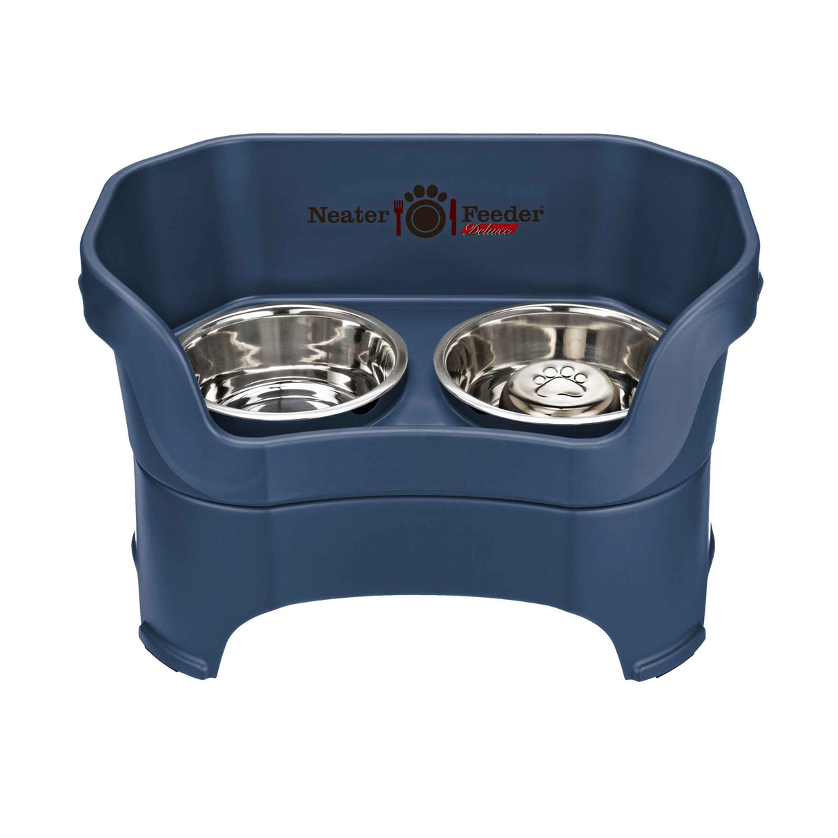Dark Blue large DELUXE Neater Feeder with Stainless Steel Slow Feed Bowl and stainless steel water bowl against a white background.