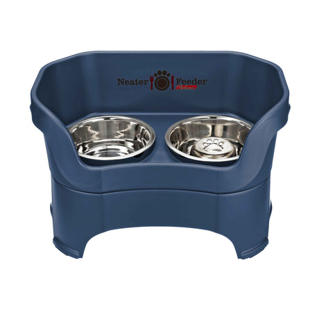 Dark Blue large DELUXE Neater Feeder with Stainless Steel Slow Feed Bowl and stainless steel water bowl against a white background.