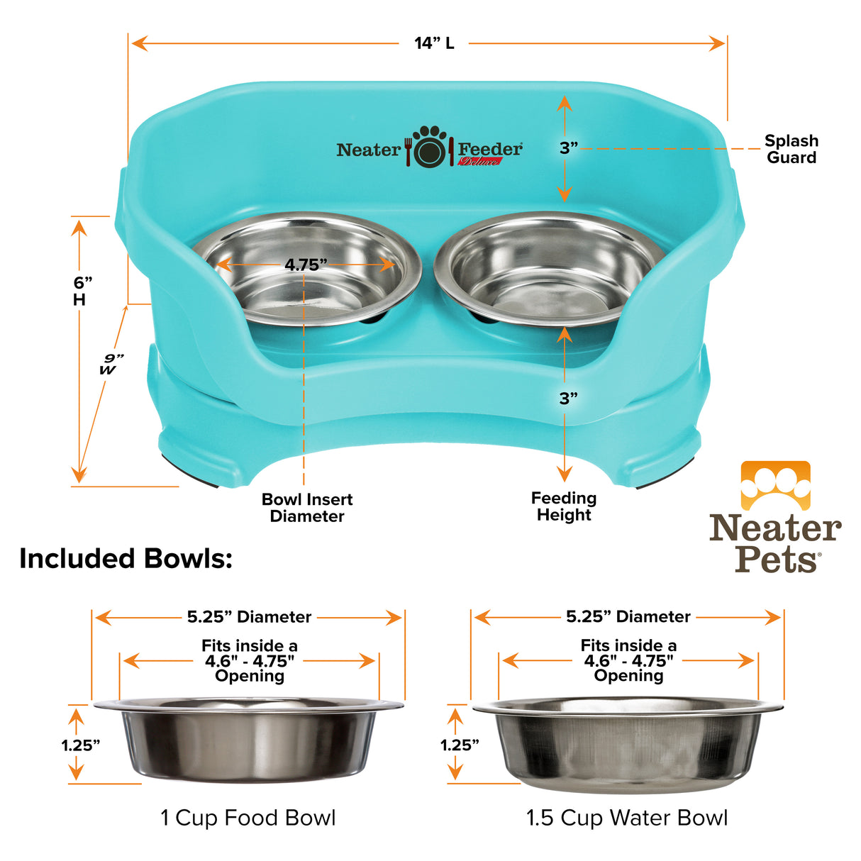 Dimension chart for Cat Neater Feeder in Aqua and stainless steel water bowl against a white background.
