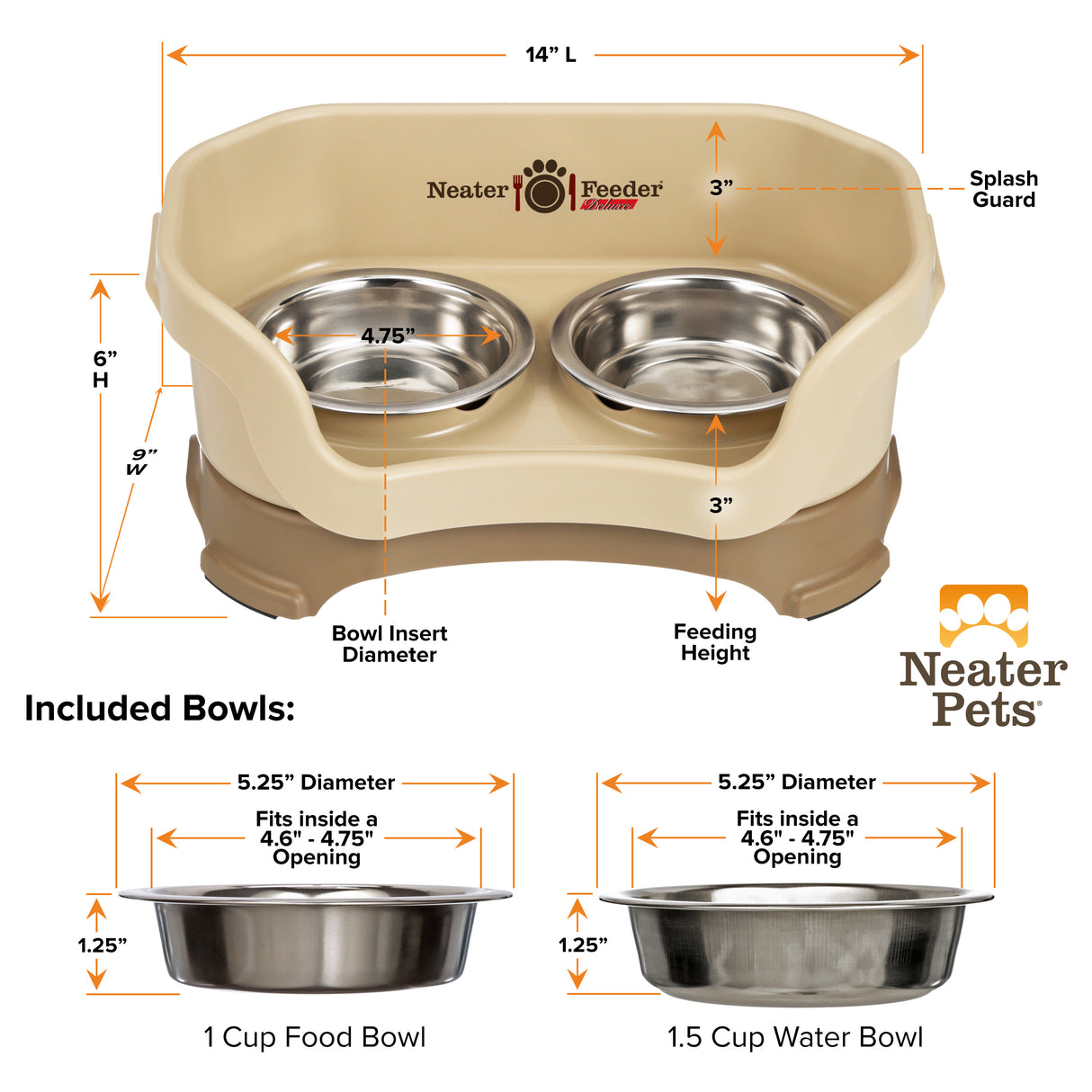 Bowl capacity and dimensions for Deluxe Neater Feeder in Cappuccino against a white background.