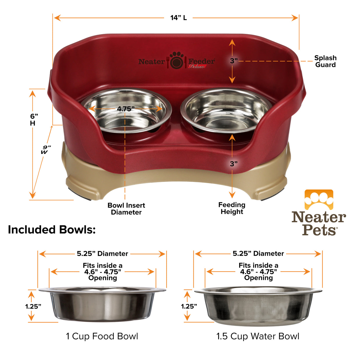 Bowl capacity and dimensions for Cat Deluxe Neater Feeder in Cranberry against a white background.