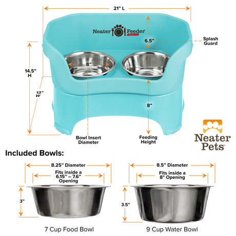 A chart showing the dimensions of the Neater Feeder Deluxe large as well as the stainless steel bowls against a white background.