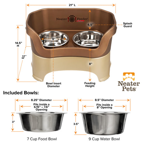 A chart showing the dimensions of the Neater Feeder Deluxe large as well as the stainless steel bowls against a white background.