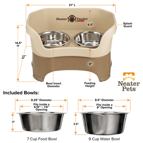 A chart showing the dimensions of the Neater Feeder Deluxe large as well as the stainless steel bowls against a white background.