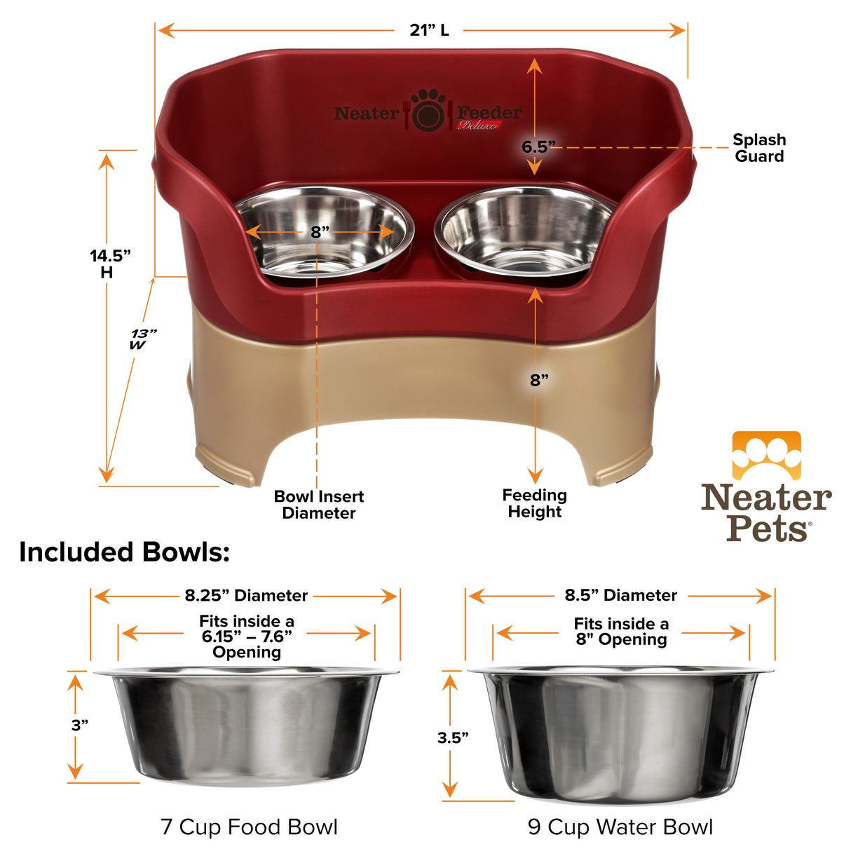 A chart showing the dimensions of the Neater Feeder Deluxe large as well as the stainless steel bowls against a white background.