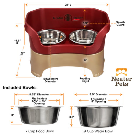 A chart showing the dimensions of the Neater Feeder Deluxe large as well as the stainless steel bowls against a white background.