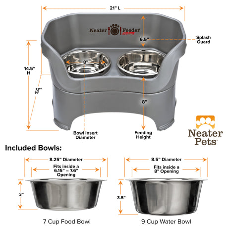 A chart showing the dimensions of the Neater Feeder Deluxe large as well as the stainless steel bowls against a white background.