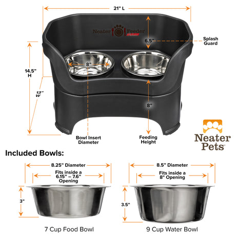 A chart showing the dimensions of the Neater Feeder Deluxe large as well as the stainless steel bowls against a white background.