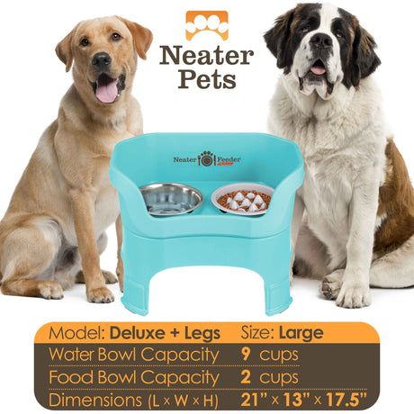 A chart displaying the Deluxe large with leg extensions with the Niner Slow Feed Bowl capacity and dimensions, with a large dog next to the chart.
