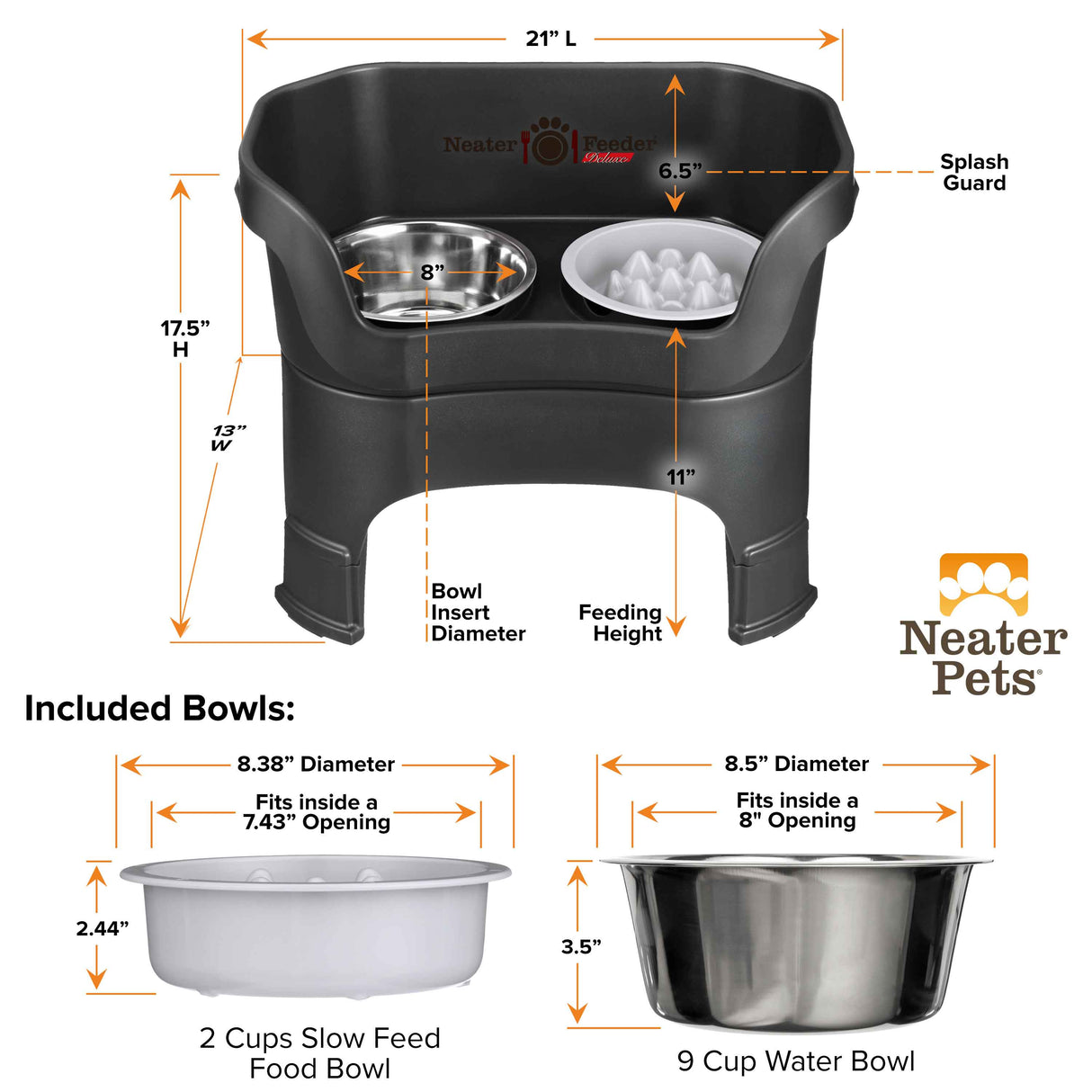 A chart displaying the Neater Feeder Deluxe large with leg extensions dimensions as well as the Niner and water bowl dimensions against a white background.