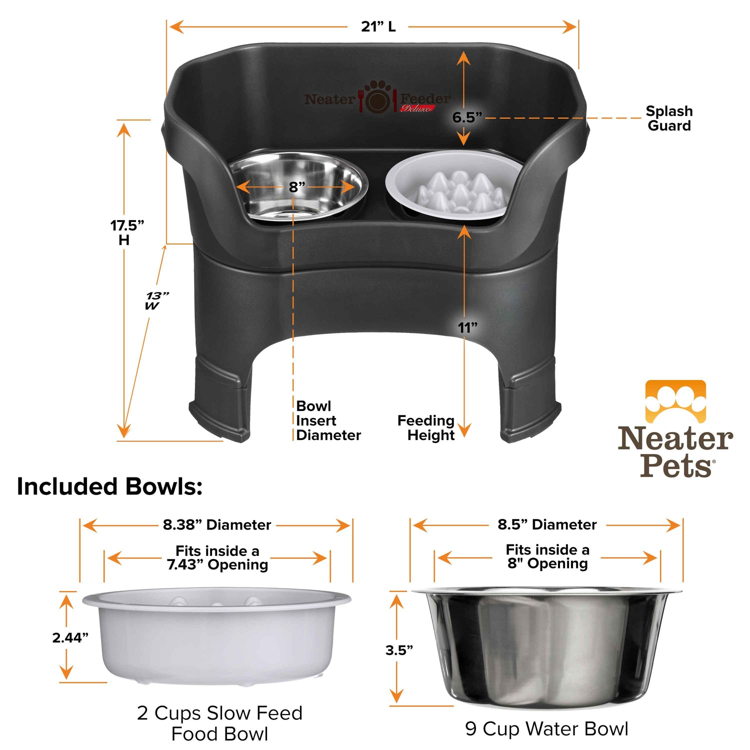 A chart displaying the Neater Feeder Deluxe large with leg extensions dimensions as well as the Niner and water bowl dimensions against a white background.