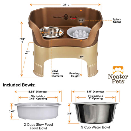 A chart displaying the Neater Feeder Deluxe large with leg extensions dimensions as well as the Niner and water bowl dimensions against a white background.