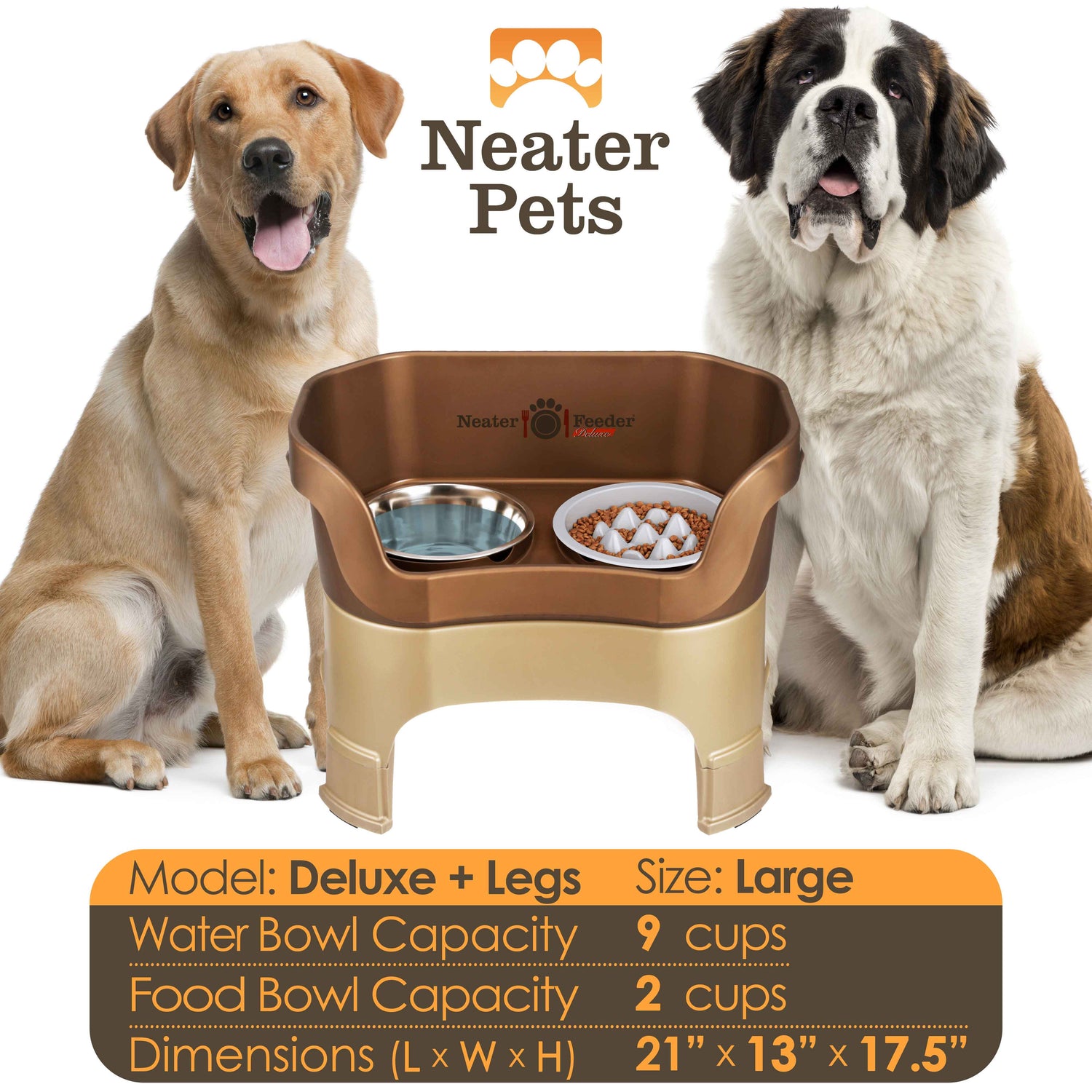 A chart displaying the Deluxe large with leg extensions with the Niner Slow Feed Bowl capacity and dimensions, with a large dog next to the chart.