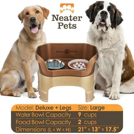 A chart displaying the Deluxe large with leg extensions with the Niner Slow Feed Bowl capacity and dimensions, with a large dog next to the chart.