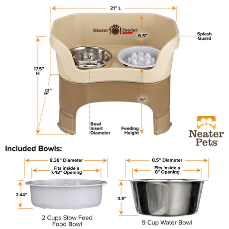 A chart displaying the Neater Feeder Deluxe large with leg extensions dimensions as well as the Niner and water bowl dimensions against a white background.