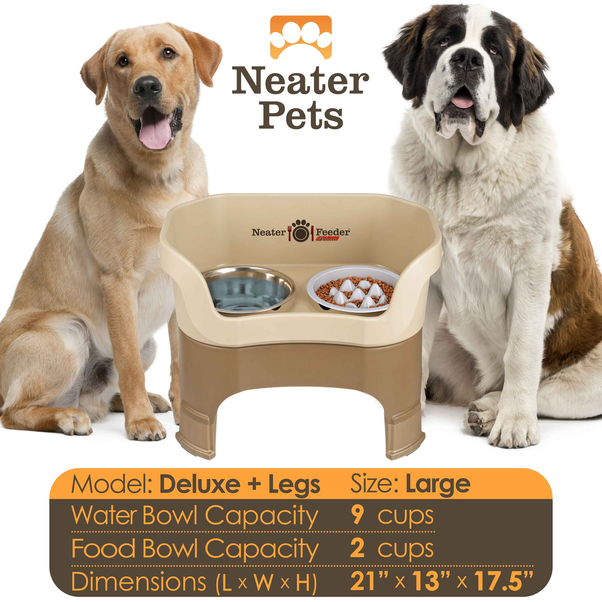 A chart displaying the Deluxe large with leg extensions with the Niner Slow Feed Bowl capacity and dimensions, with a large dog next to the chart.