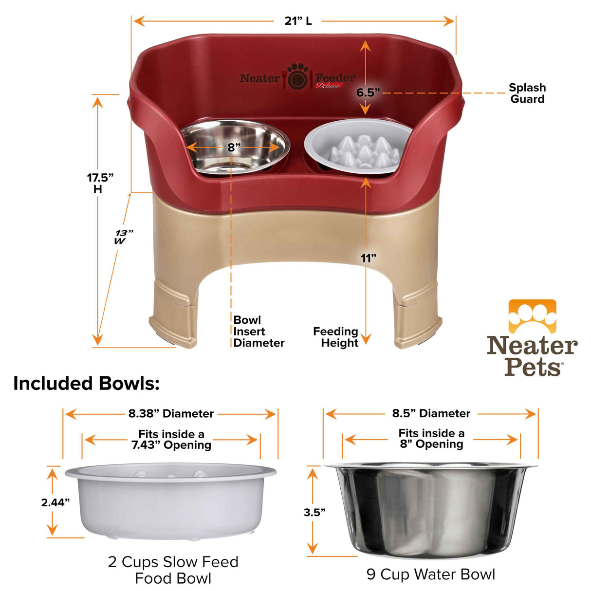 A chart displaying the Neater Feeder Deluxe large with leg extensions dimensions as well as the Niner and water bowl dimensions against a white background.