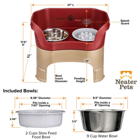 A chart displaying the Neater Feeder Deluxe large with leg extensions dimensions as well as the Niner and water bowl dimensions against a white background.