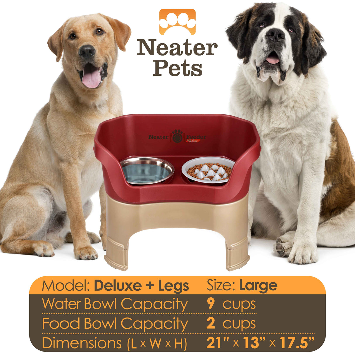 A chart displaying the Deluxe large with leg extensions with the Niner Slow Feed Bowl capacity and dimensions, with a large dog next to the chart.