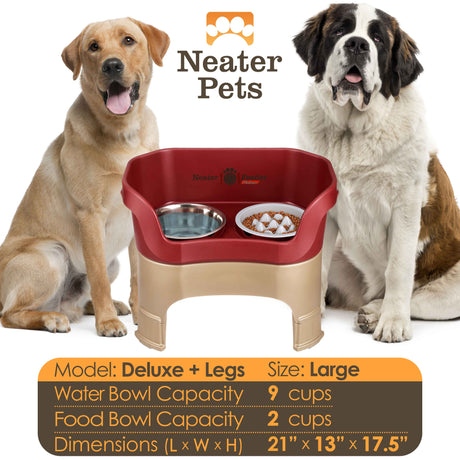 A chart displaying the Deluxe large with leg extensions with the Niner Slow Feed Bowl capacity and dimensions, with a large dog next to the chart.