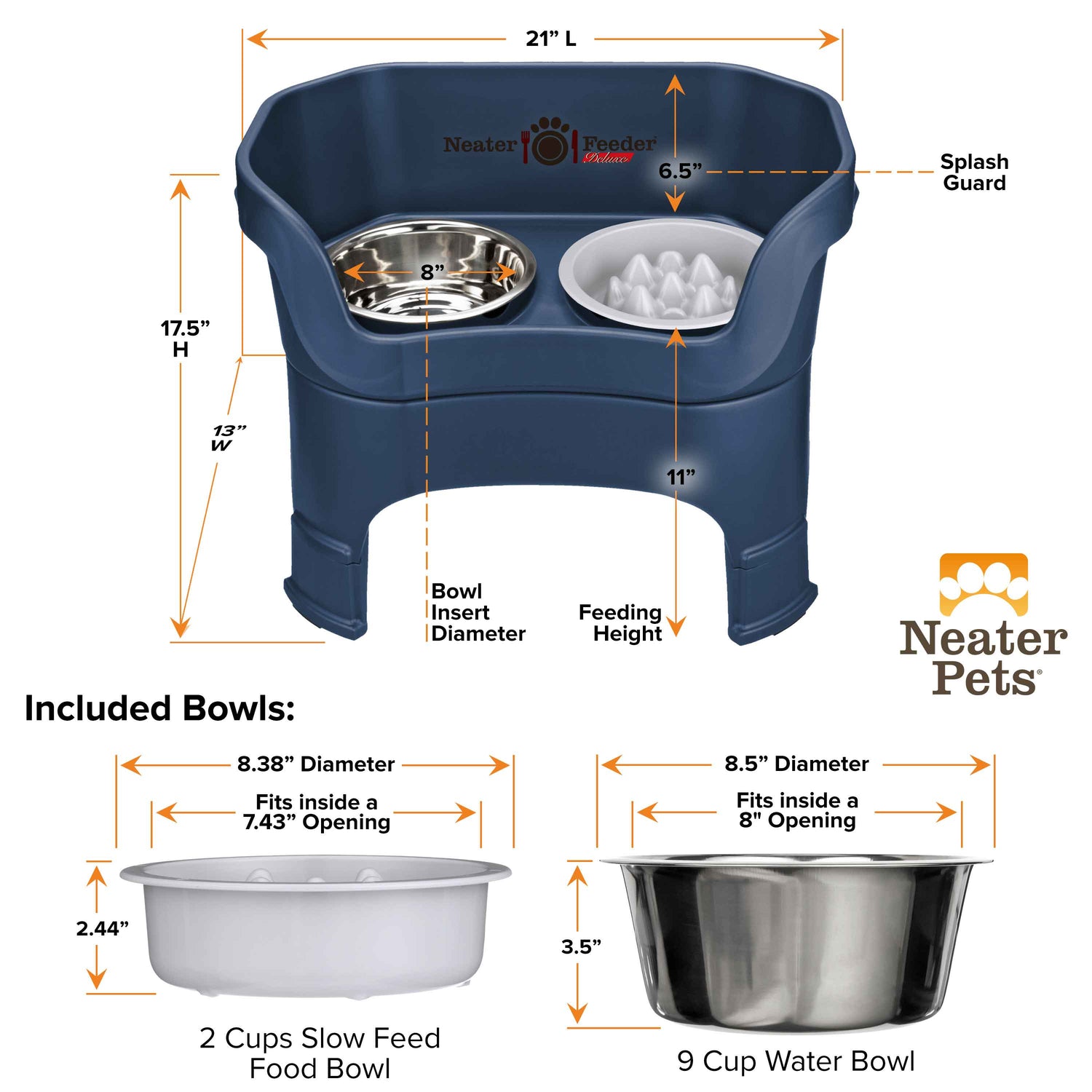 A chart displaying the Neater Feeder Deluxe large with leg extensions dimensions as well as the Niner and water bowl dimensions against a white background.