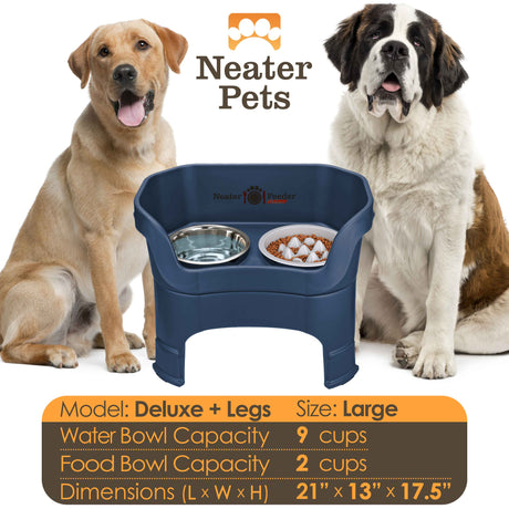 A chart displaying the Deluxe large with leg extensions with the Niner Slow Feed Bowl capacity and dimensions, with a large dog next to the chart.