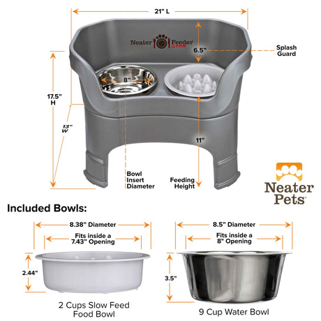 A chart displaying the Neater Feeder Deluxe large with leg extensions dimensions as well as the Niner and water bowl dimensions against a white background.