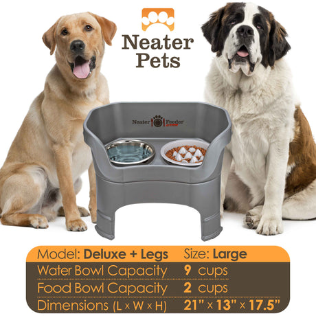 A chart displaying the Deluxe large with leg extensions with the Niner Slow Feed Bowl capacity and dimensions, with a large dog next to the chart.