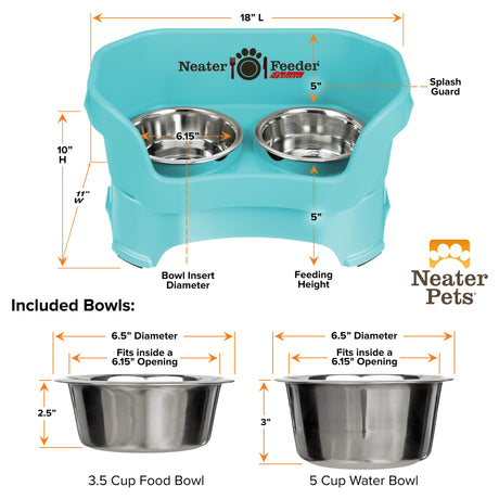 A chart showing the dimensions of the Neater Feeder Deluxe medium as well as the stainless steel bowls against a white background.