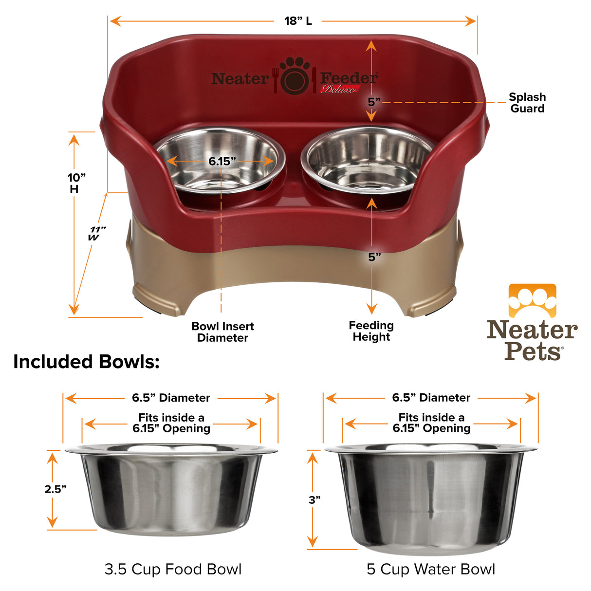 Bowl capacity and dimensions for small Deluxe Neater Feeder in Cranberry against a white background.