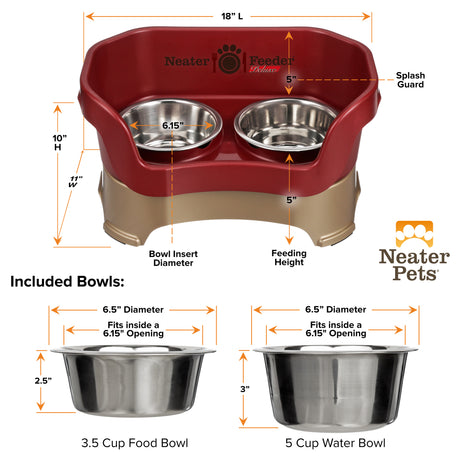 A chart showing the dimensions of the Neater Feeder Deluxe medium as well as the stainless steel bowls against a white background.