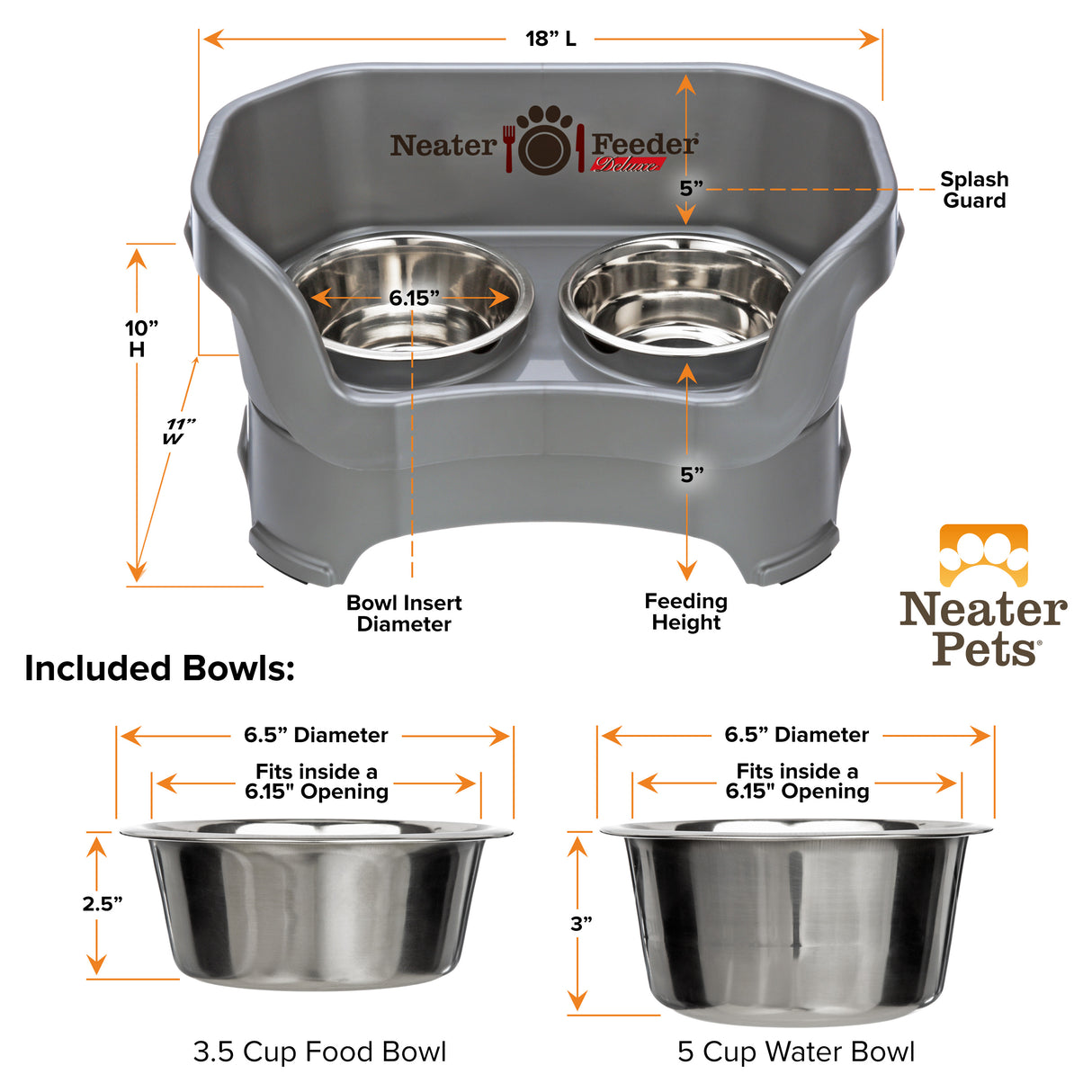 Bowl capacity and dimensions for medium Deluxe Neater Feeder in Grey against a white background.