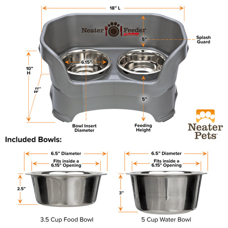 A chart showing the dimensions of the Neater Feeder Deluxe medium as well as the stainless steel bowls against a white background.