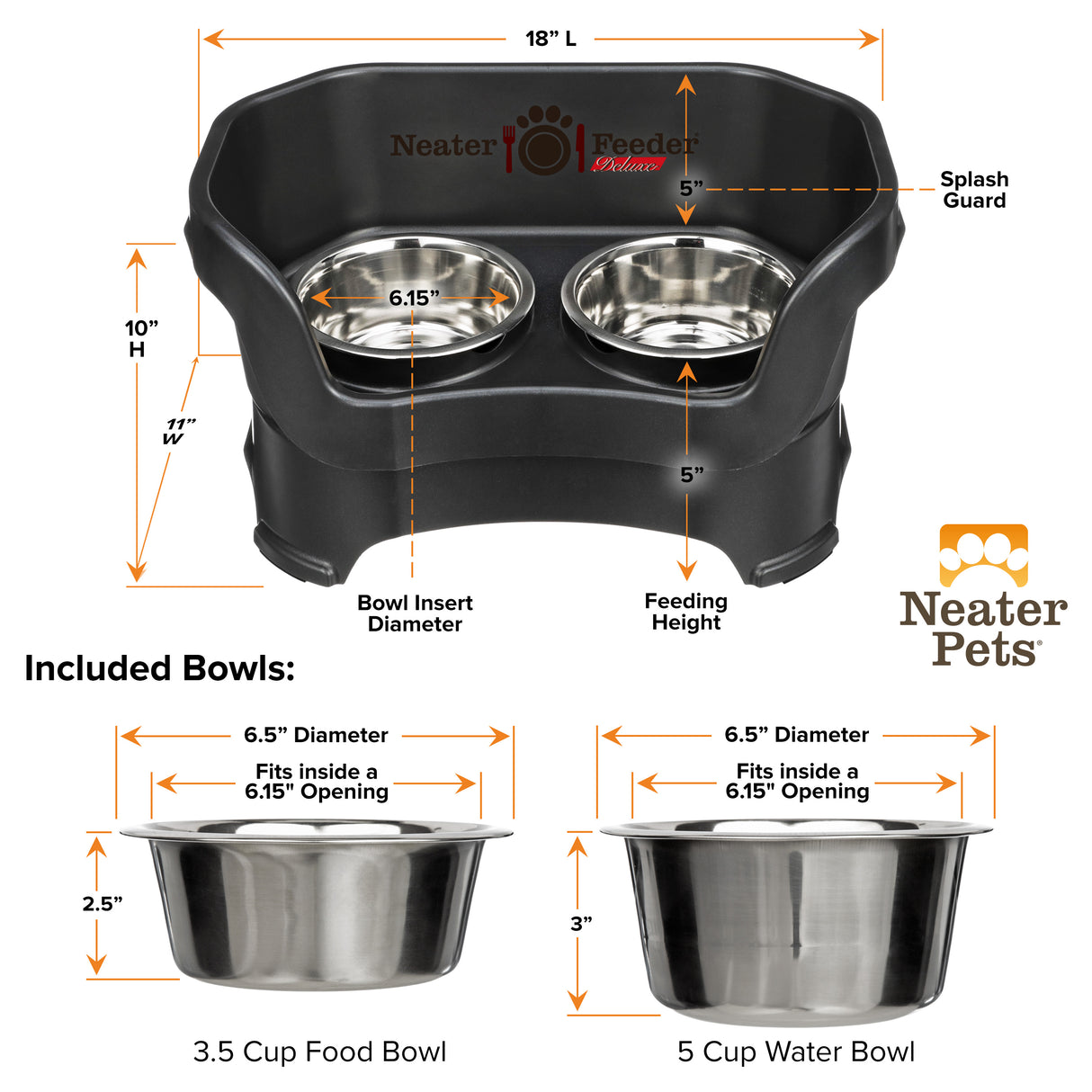 A chart showing the dimensions of the Neater Feeder Deluxe medium as well as the stainless steel bowls against a white background.