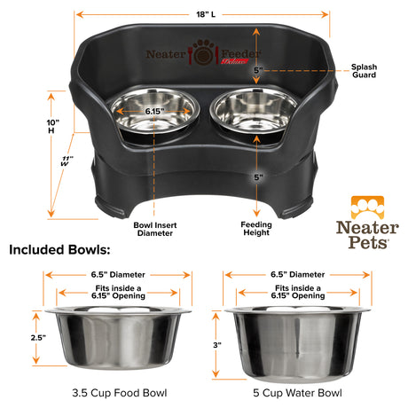 A chart showing the dimensions of the Neater Feeder Deluxe medium as well as the stainless steel bowls against a white background.