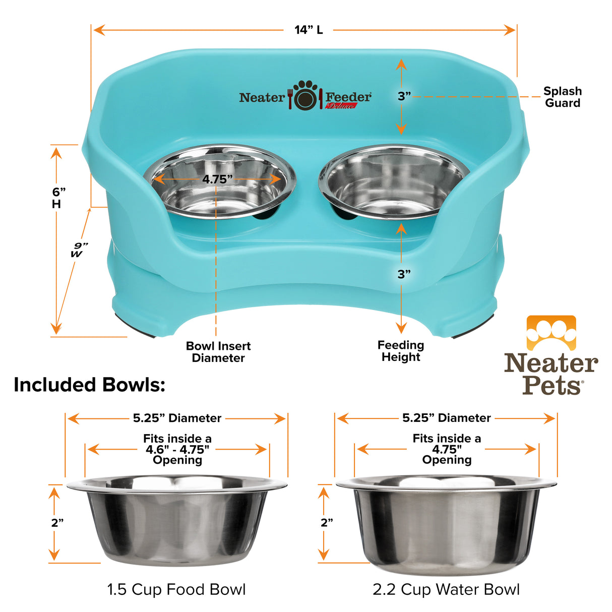 A chart showing the dimensions of a Neater Feeder as well as the stainless steel bowls against a white background.