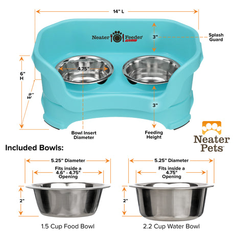 A chart showing the dimensions of a Neater Feeder as well as the stainless steel bowls against a white background.