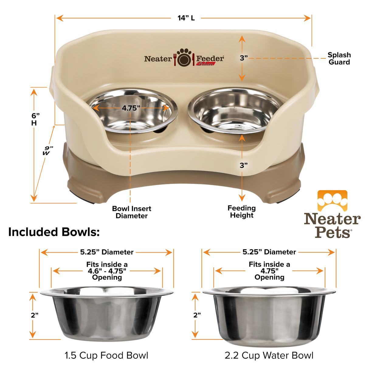 Bowl capacity and dimensions for small Deluxe Neater Feeder in Cappuccino against a white background.