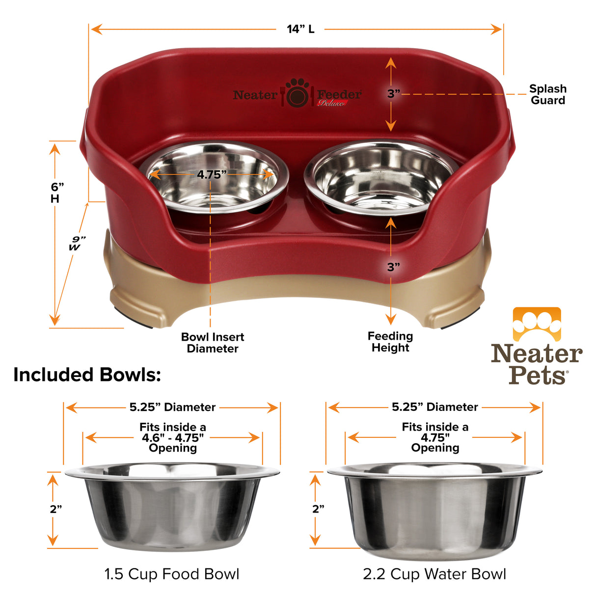 Bowl capacity and dimensions for small Deluxe Neater Feeder in Cranberry against a white background.