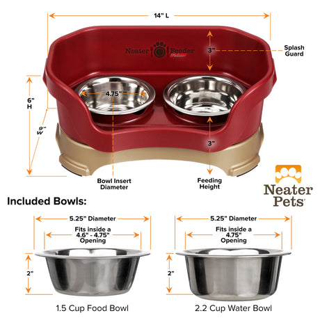 A chart showing the dimensions of the Neater Feeder Deluxe small as well as the stainless steel bowls against a white background.