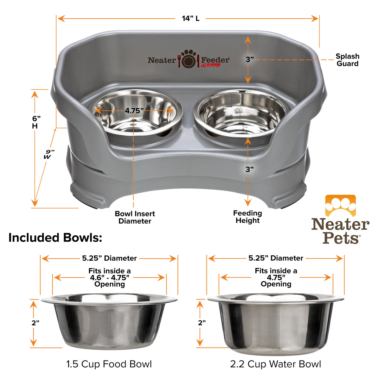 Bowl capacity and dimensions for small Deluxe Neater Feeder in Grey against a white background.