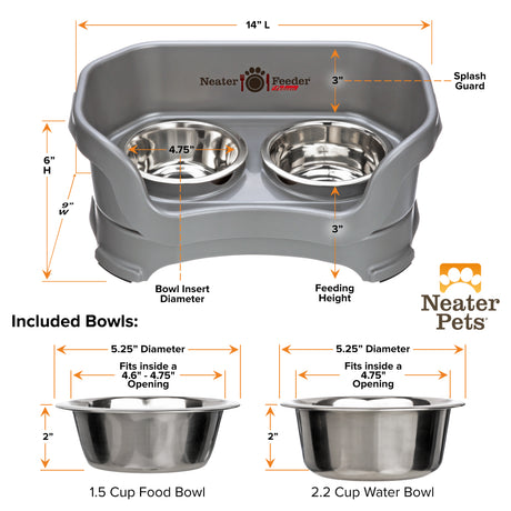 A chart showing the dimensions of a Neater Feeder as well as the stainless steel bowls against a white background.