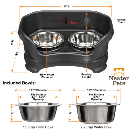 A chart showing the dimensions of a Neater Feeder as well as the stainless steel bowls against a white background.